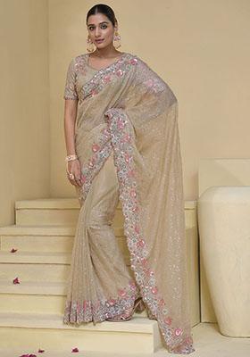 Cream Sequin Embroidered Organza Sarees