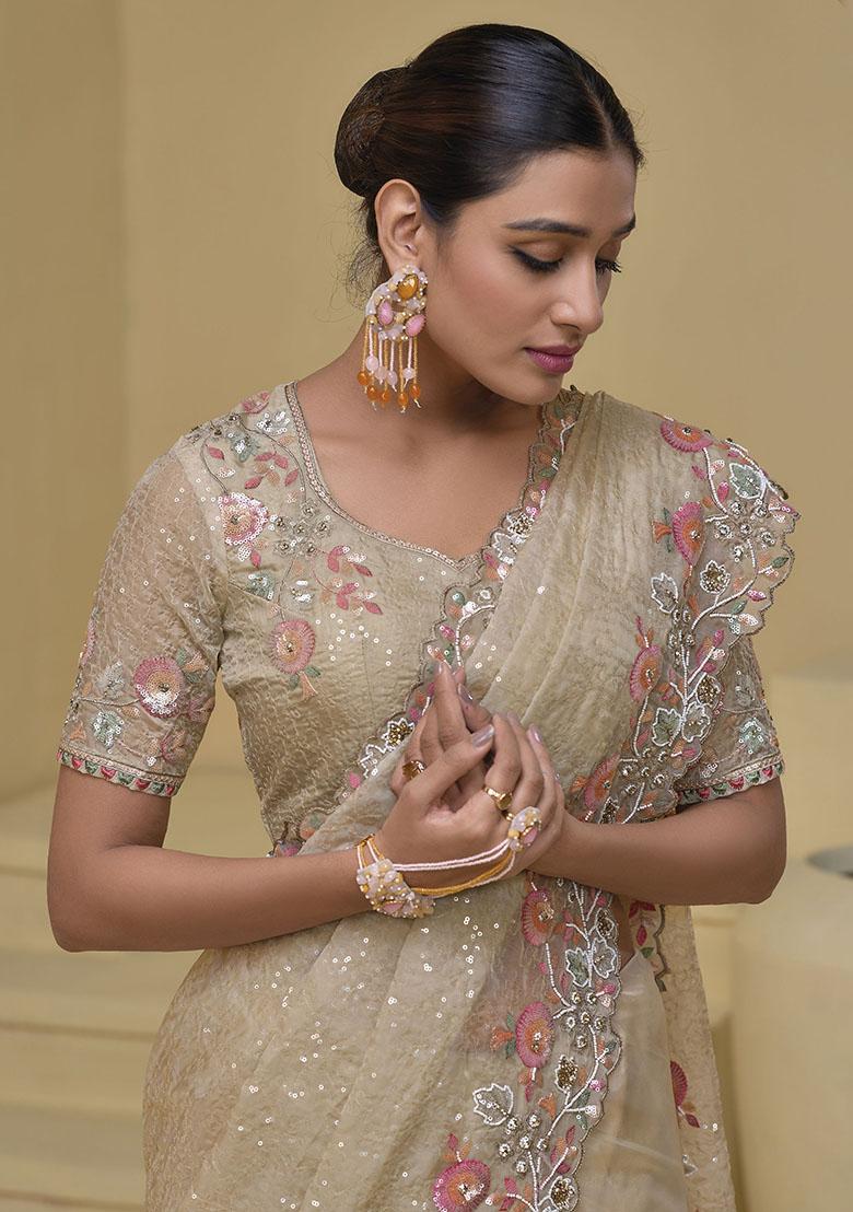 Cream Sequin Embroidered Organza Sarees