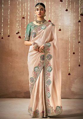 Cream Sequin Embroidered Silk Sarees