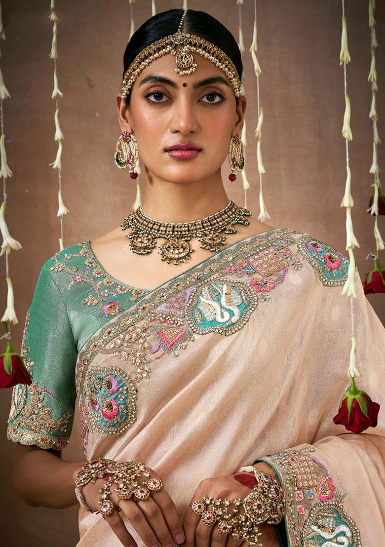 Cream Sequin Embroidered Silk Sarees