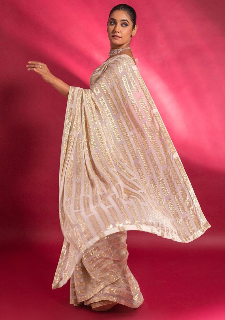 Cream Sequin Embroidered Georgette Sarees