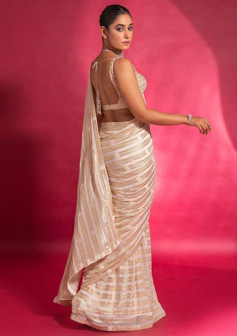 Cream Sequin Embroidered Georgette Sarees for Diwali | Wedding & Festive Wear - Indya