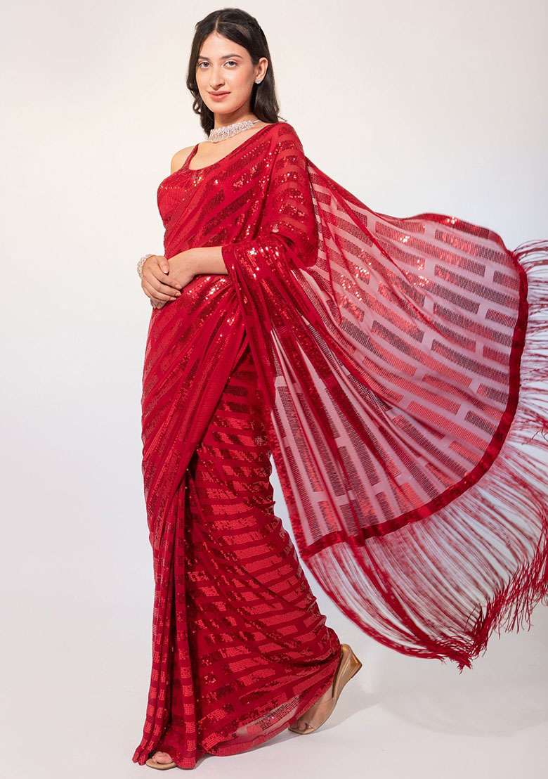 Red Sequin Embroidered Georgette Sarees for Diwali and Festive Wear - Indya
