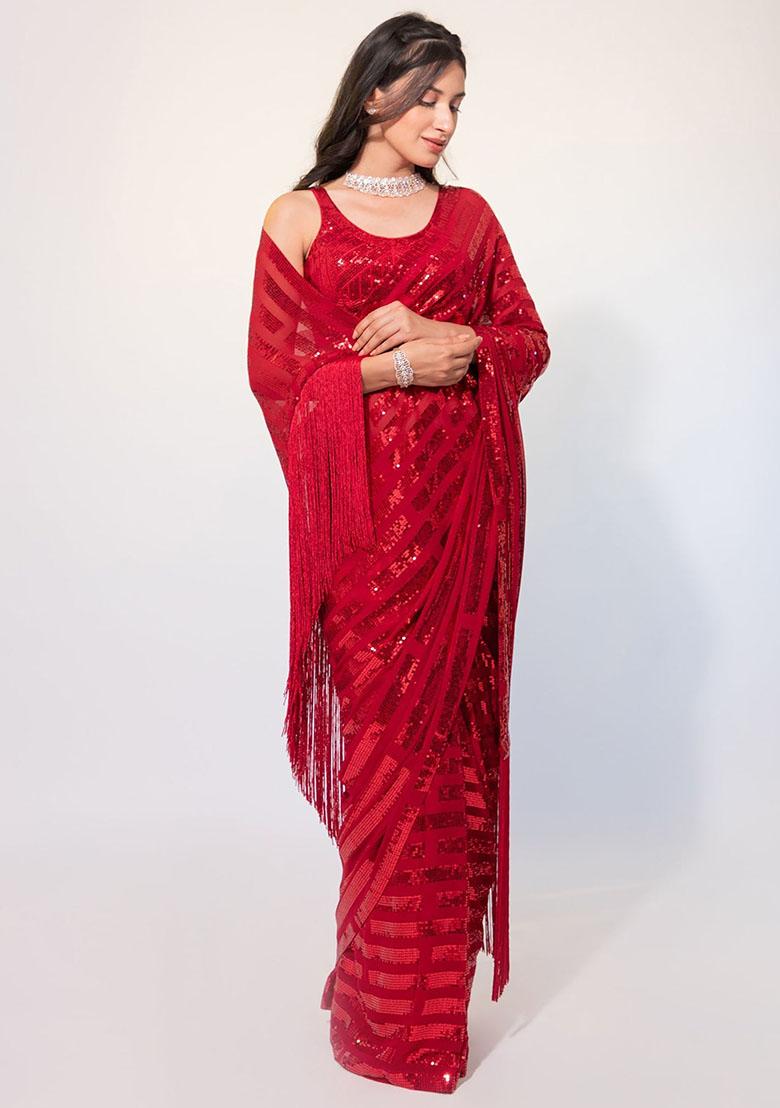 Red Sequin Embroidered Georgette Sarees