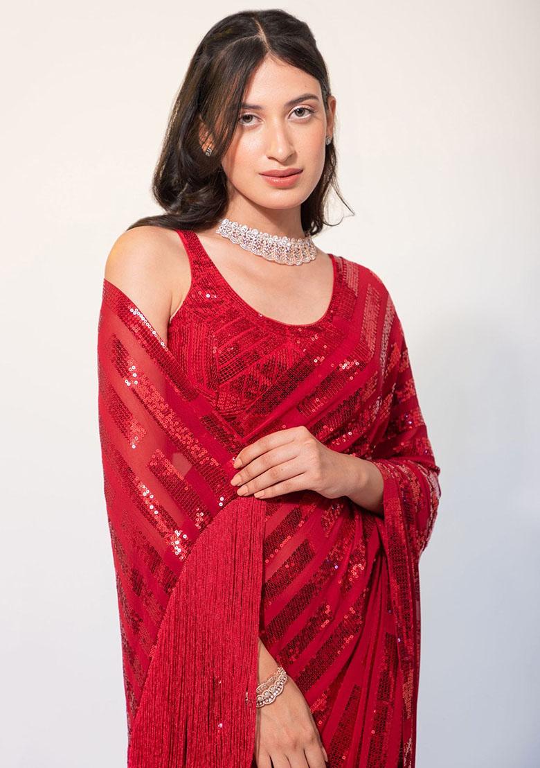 Red Sequin Embroidered Georgette Sarees