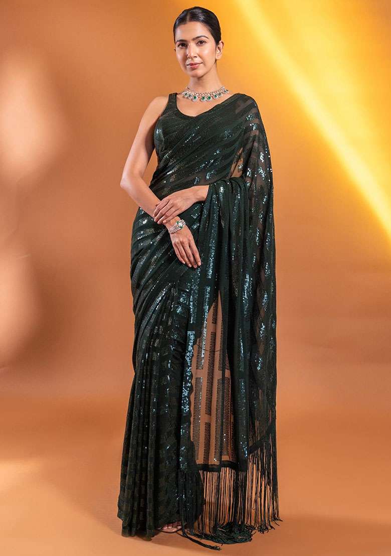 Green Sequin Embroidered Georgette Sarees for Diwali and Festive Wear - Indya