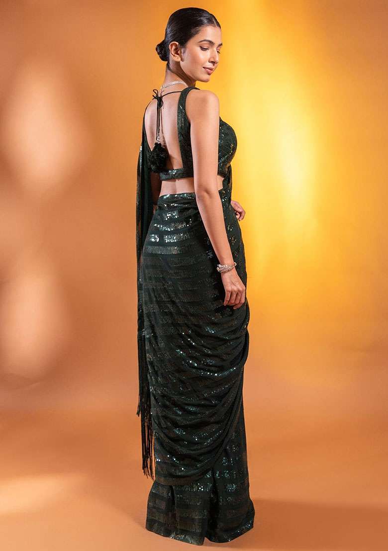 Green Sequin Embroidered Georgette Sarees for Diwali and Festive Wear - Indya