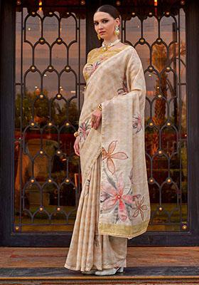 Off White Printed Silk Sarees