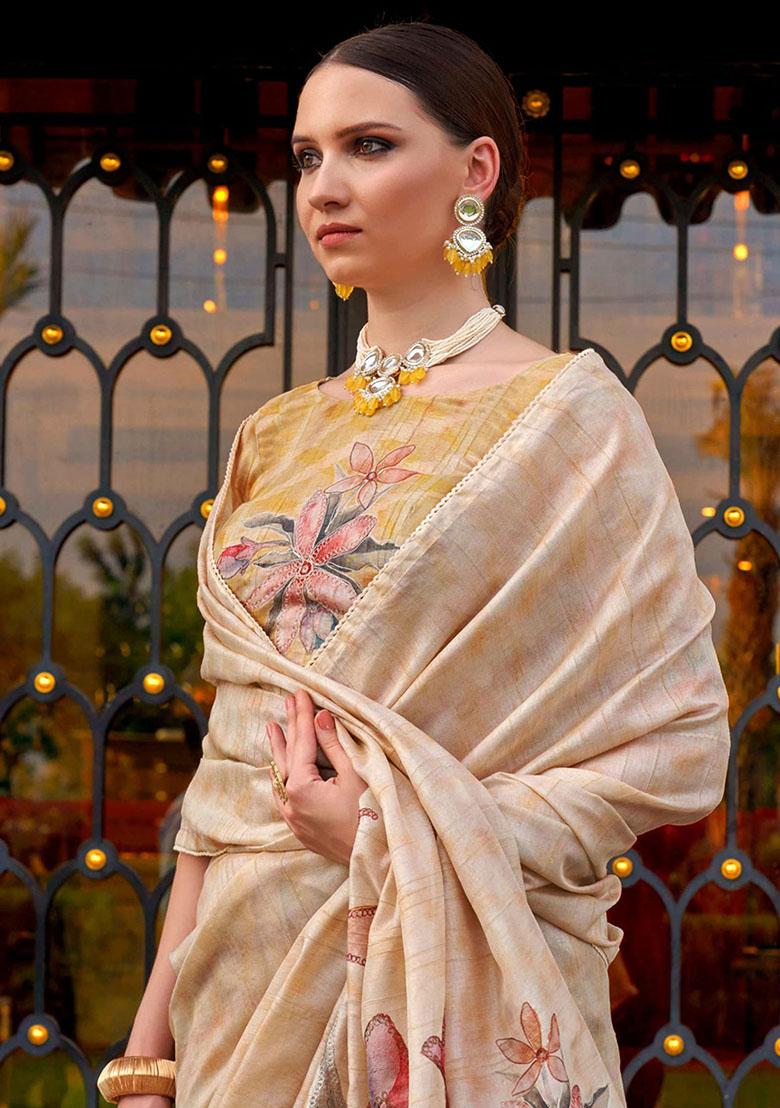 Off White Printed Silk Sarees