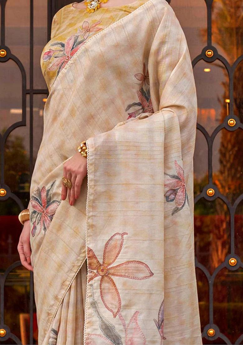 Off White Printed Silk Sarees