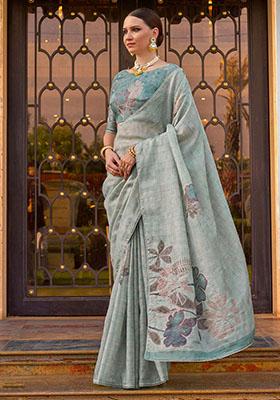 Sky Blue Printed Silk Sarees
