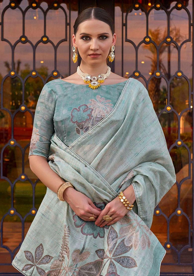 Sky Blue Printed Silk Sarees