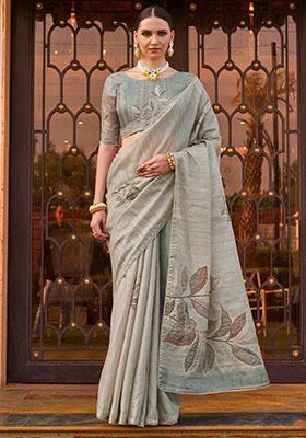 Grey Printed Silk Sarees