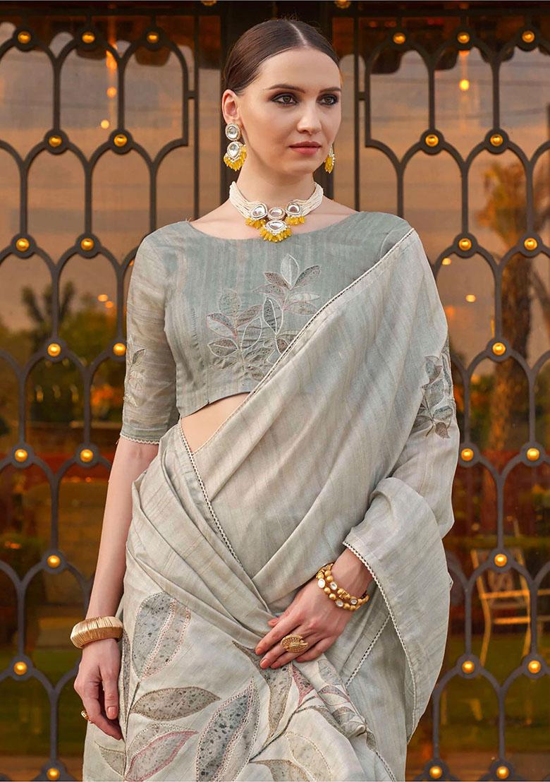 Grey Printed Silk Sarees
