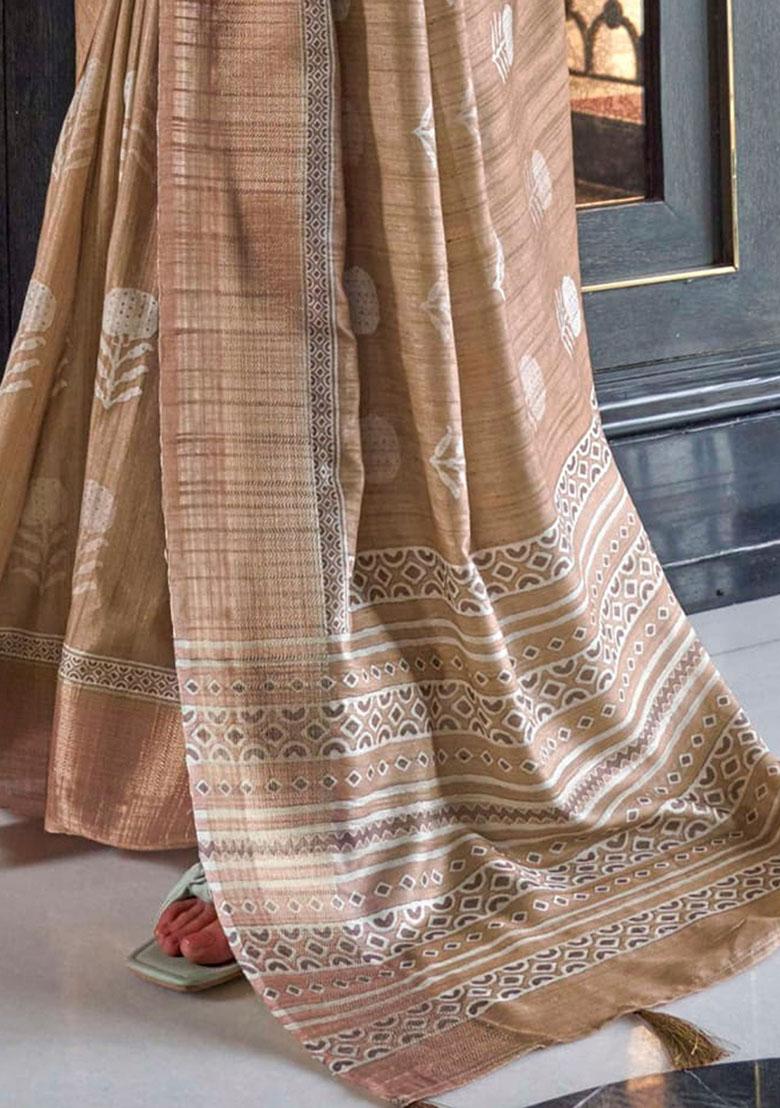 Brown Digital Print Silk Sarees