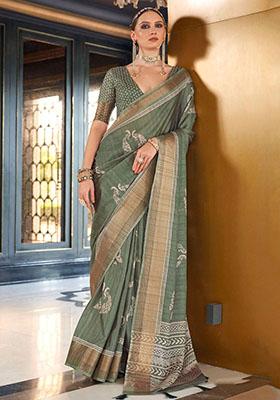 Green Digital Print Silk Sarees