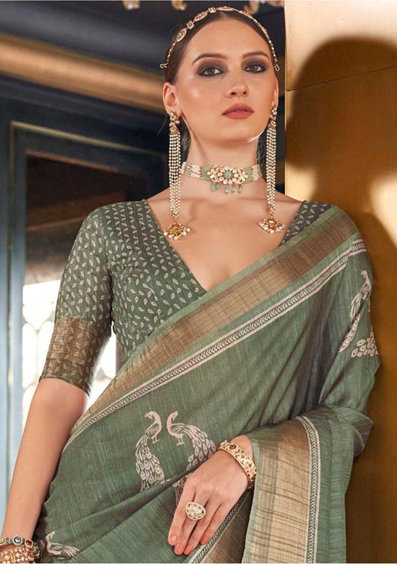Green Digital Print Silk Sarees