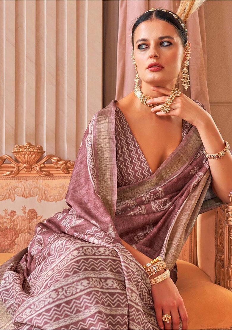 Purple Digital Print Silk Sarees