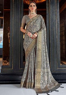 Grey Digital Print Silk Sarees