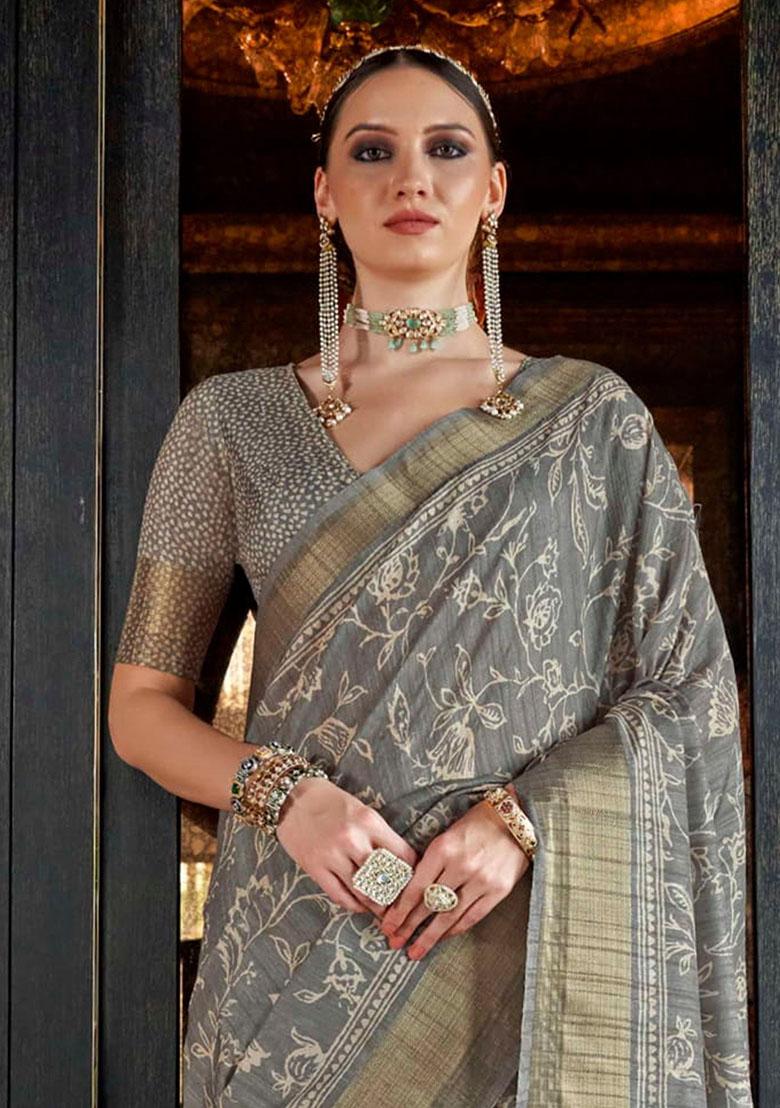 Grey Digital Print Silk Sarees