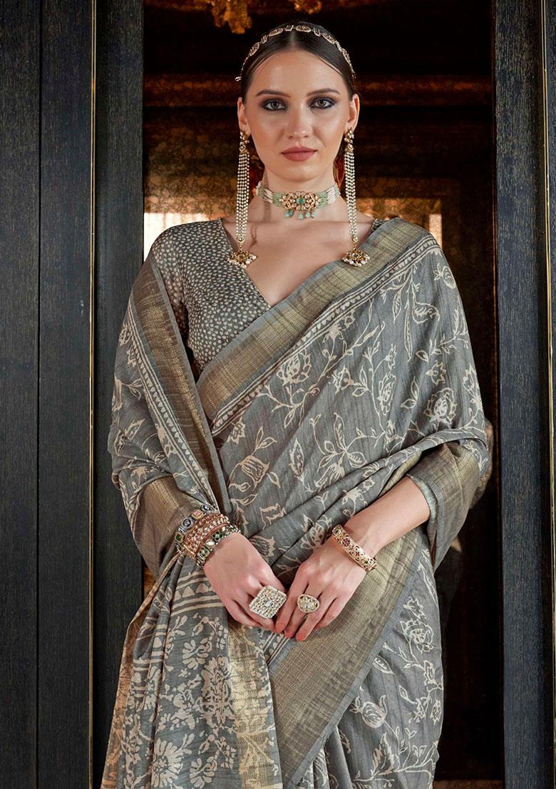 Grey Digital Print Silk Sarees