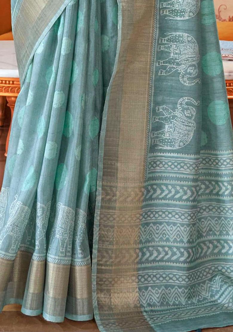 Blue Digital Print Silk Sarees