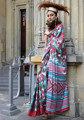 Multicolour Digital Print Poly Blend Sarees