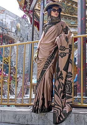 Brown Printed Satin Sarees
