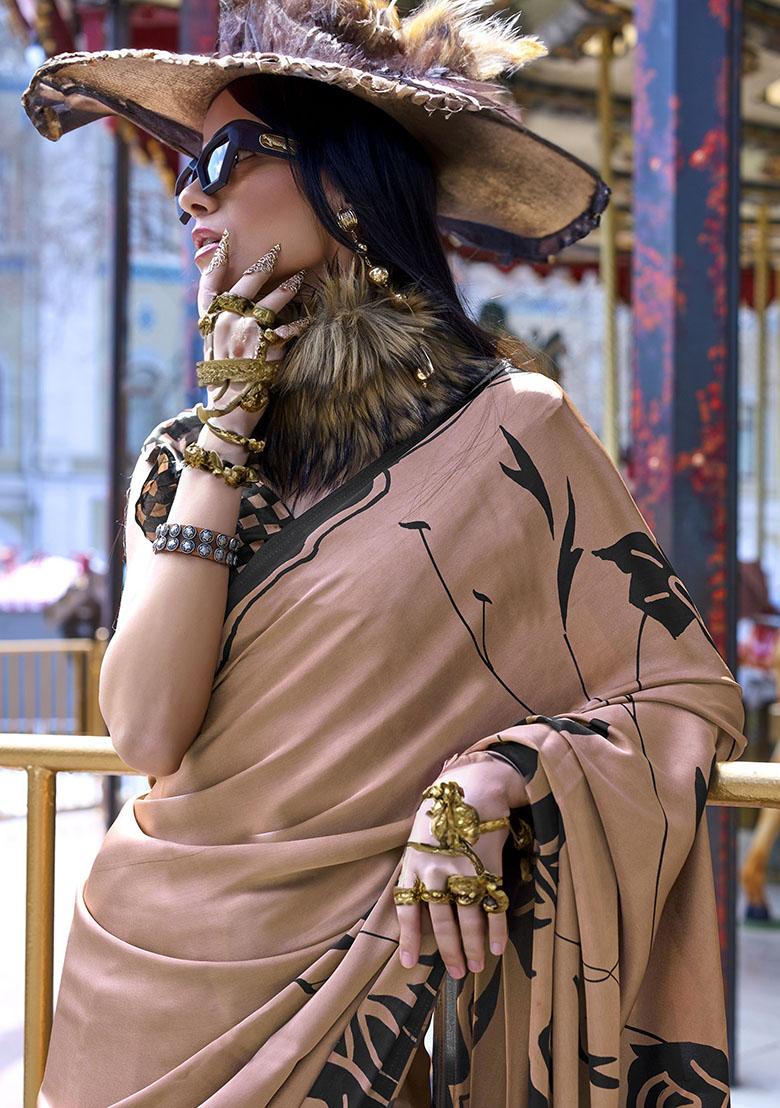 Brown Printed Satin Sarees