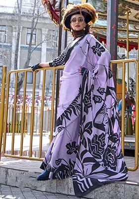 Lavender Printed Satin Sarees