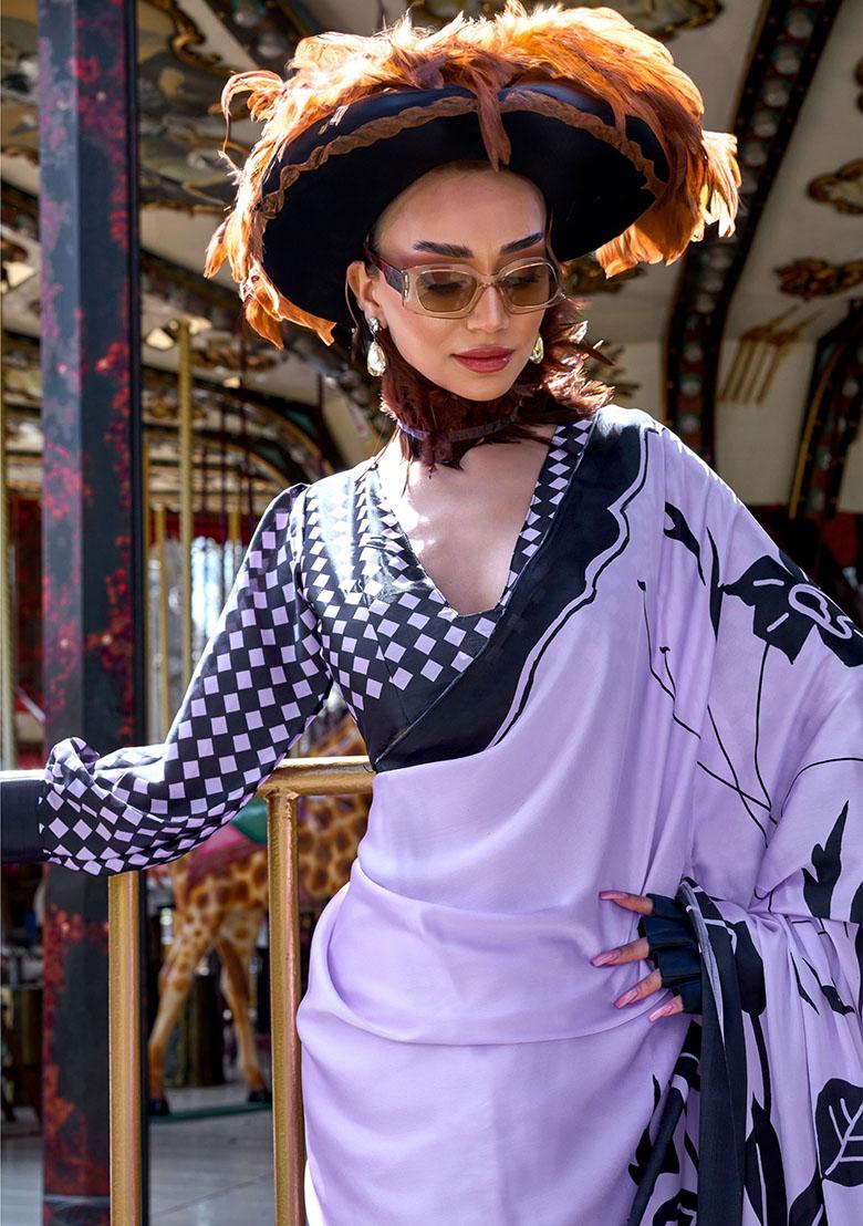 Lavender Printed Satin Sarees