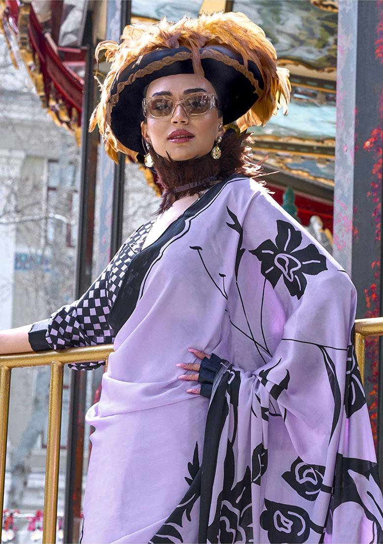 Lavender Printed Satin Sarees