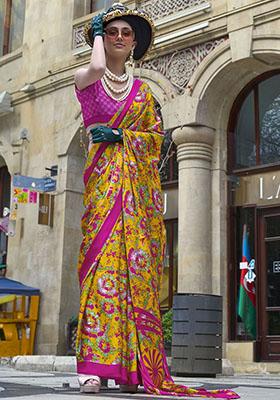 Yellow Printed Satin Sarees