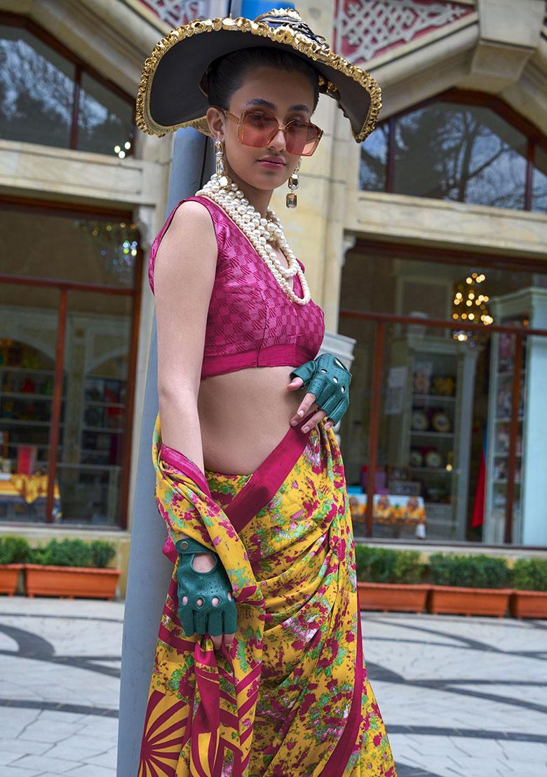 Yellow Printed Satin Sarees