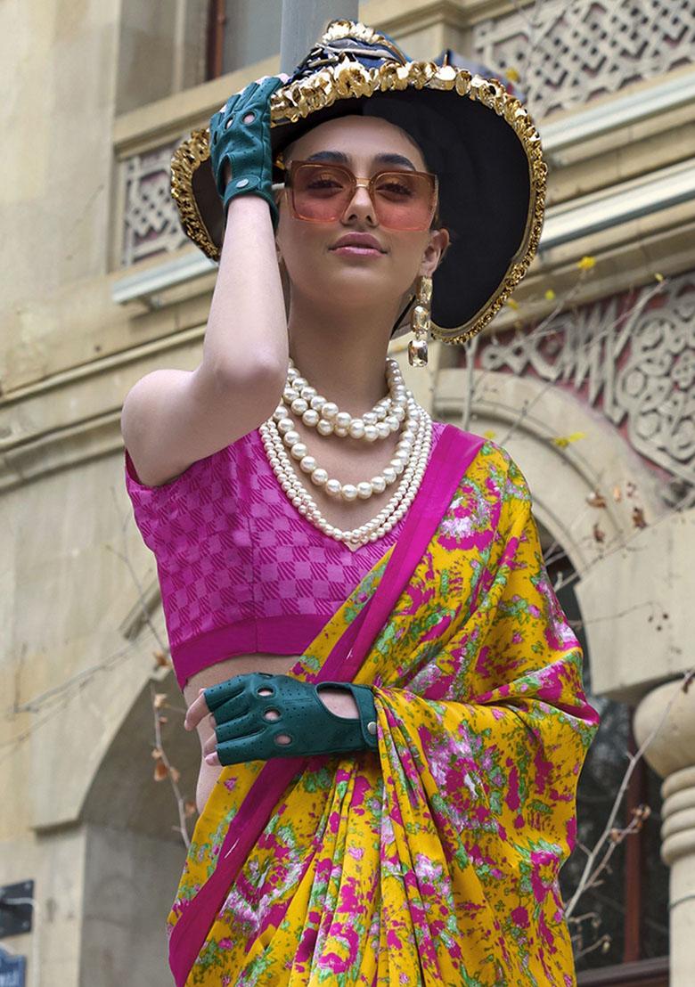 Yellow Printed Satin Sarees