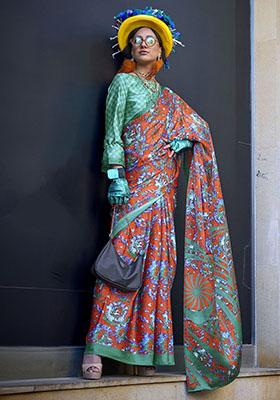 Multicolour Printed Satin Sarees