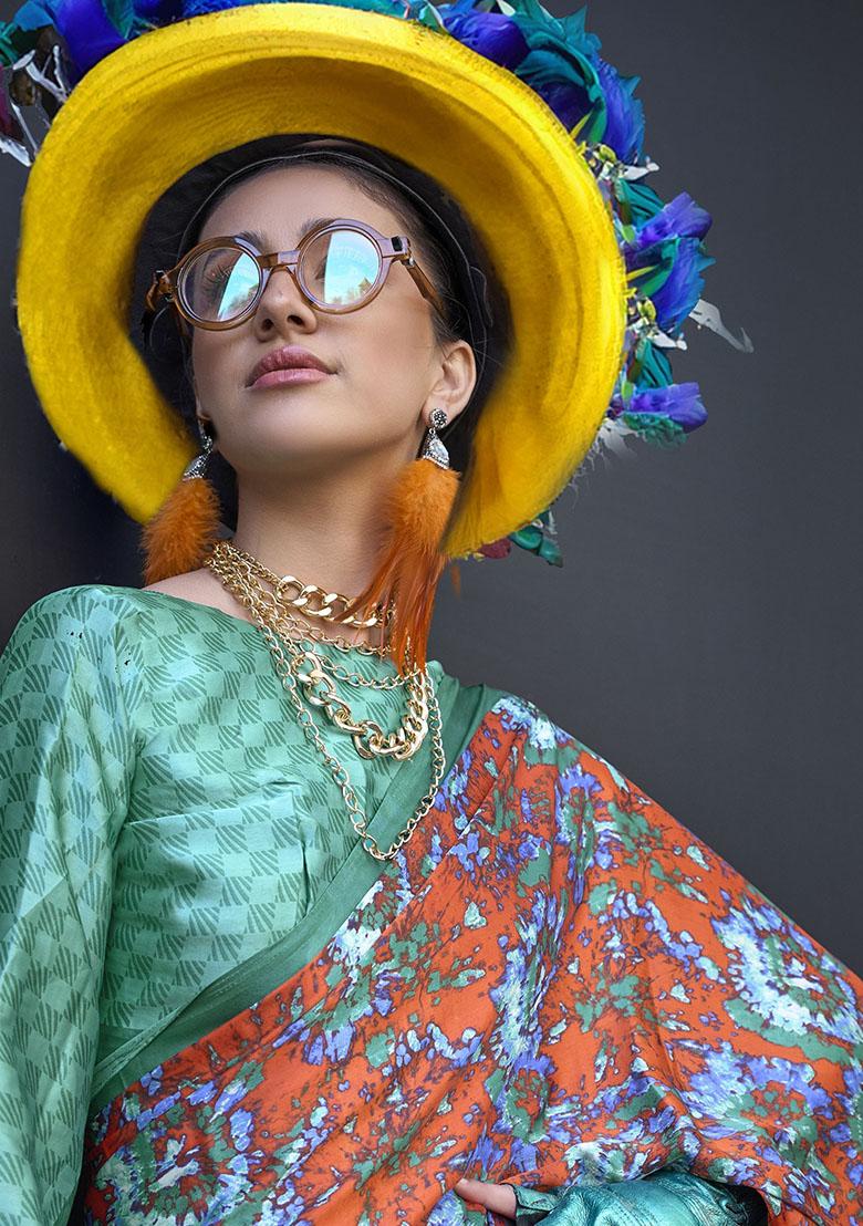 Multicolour Printed Satin Sarees