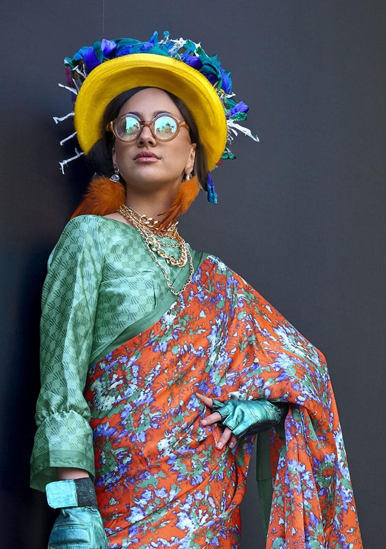 Multicolour Printed Satin Sarees