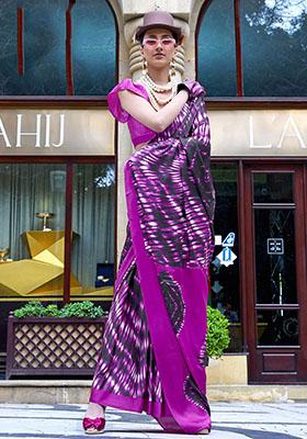 Purple Printed Satin Sarees