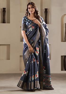 Navy Blue Zari Woven Silk Sarees