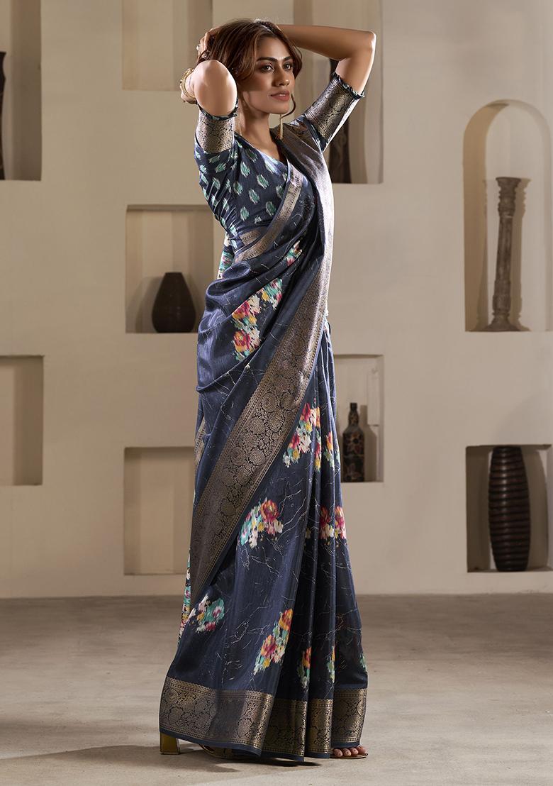 Navy Blue Zari Woven Silk Sarees