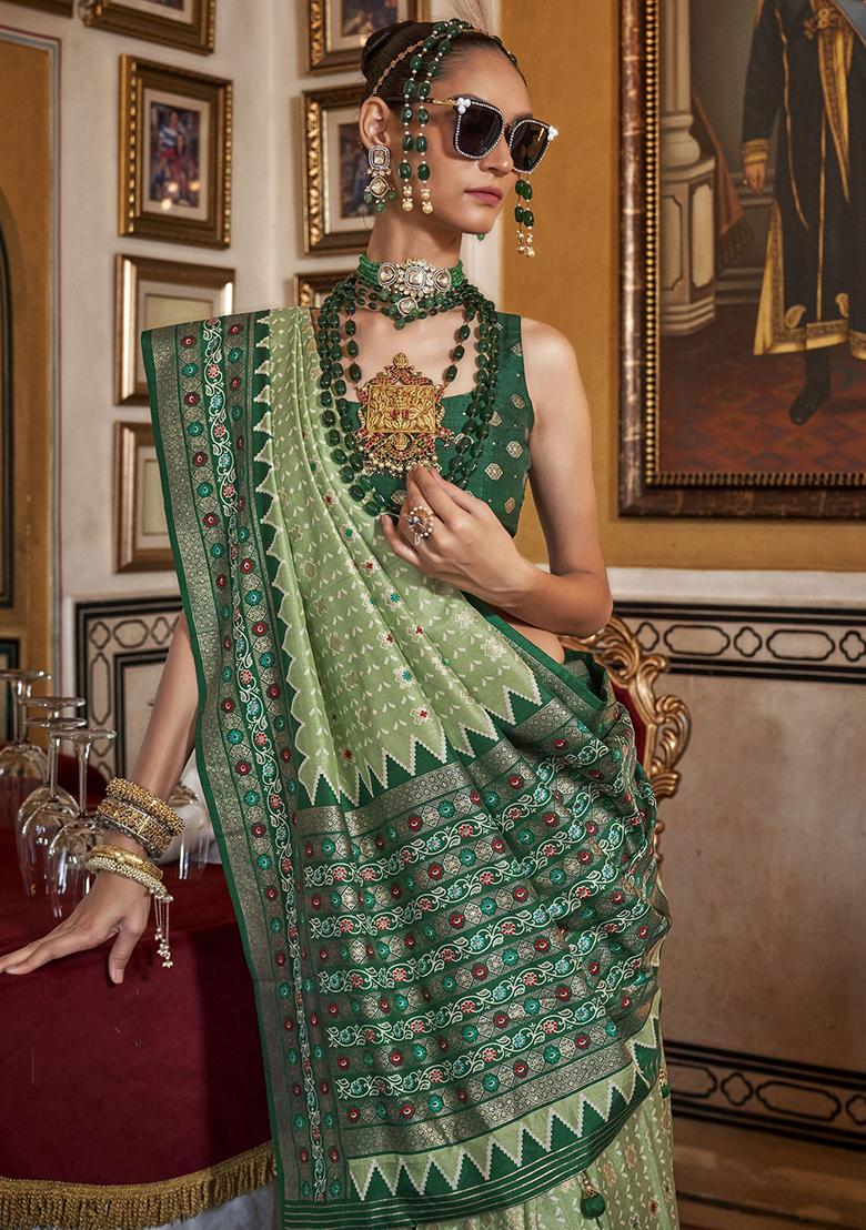 Green Printed Silk Sarees