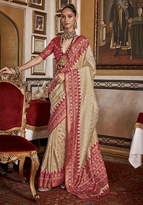 Beige Printed Silk Sarees