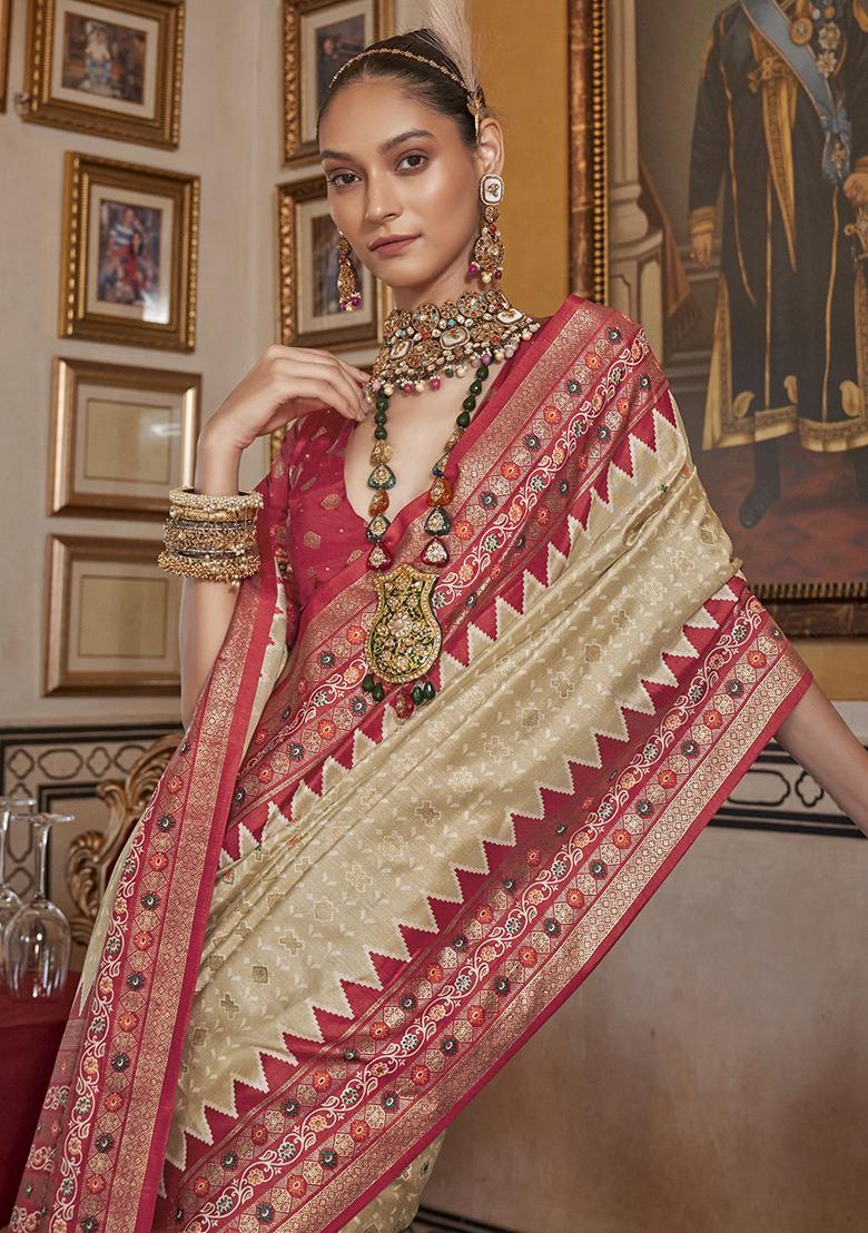 Beige Printed Silk Sarees