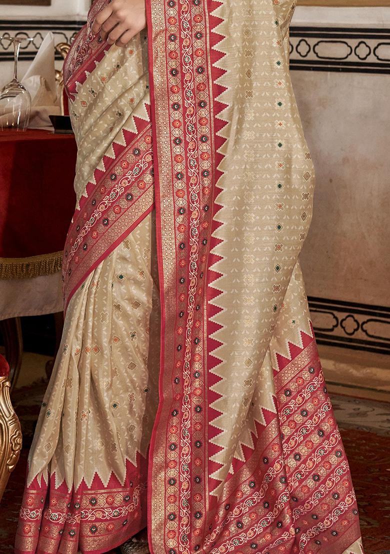 Beige Printed Silk Sarees