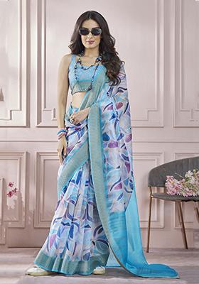 Sky Blue Digital Print Silk Sarees