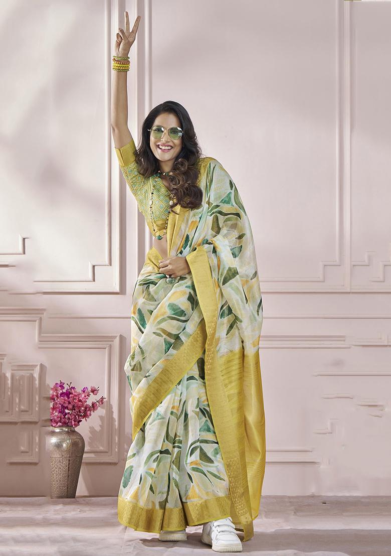 Yellow Digital Print Silk Sarees