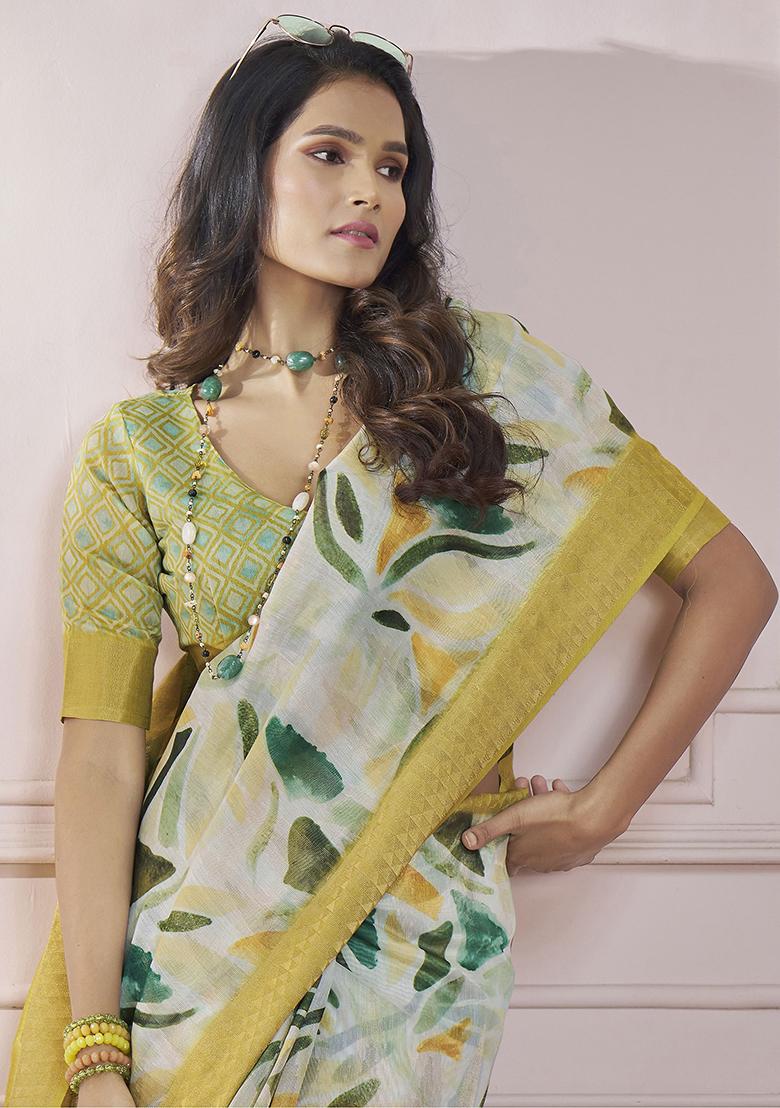 Yellow Digital Print Silk Sarees