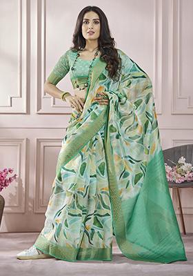Green Digital Print Silk Sarees