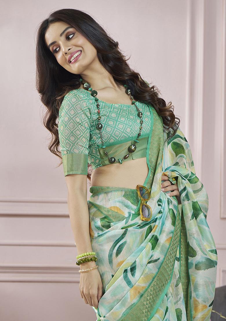 Green Digital Print Silk Sarees